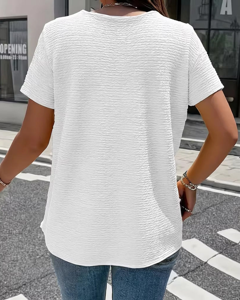 Bluse Damen | Strukturiertes Kurzarm-Top mit Goldknöpfen & Kragen