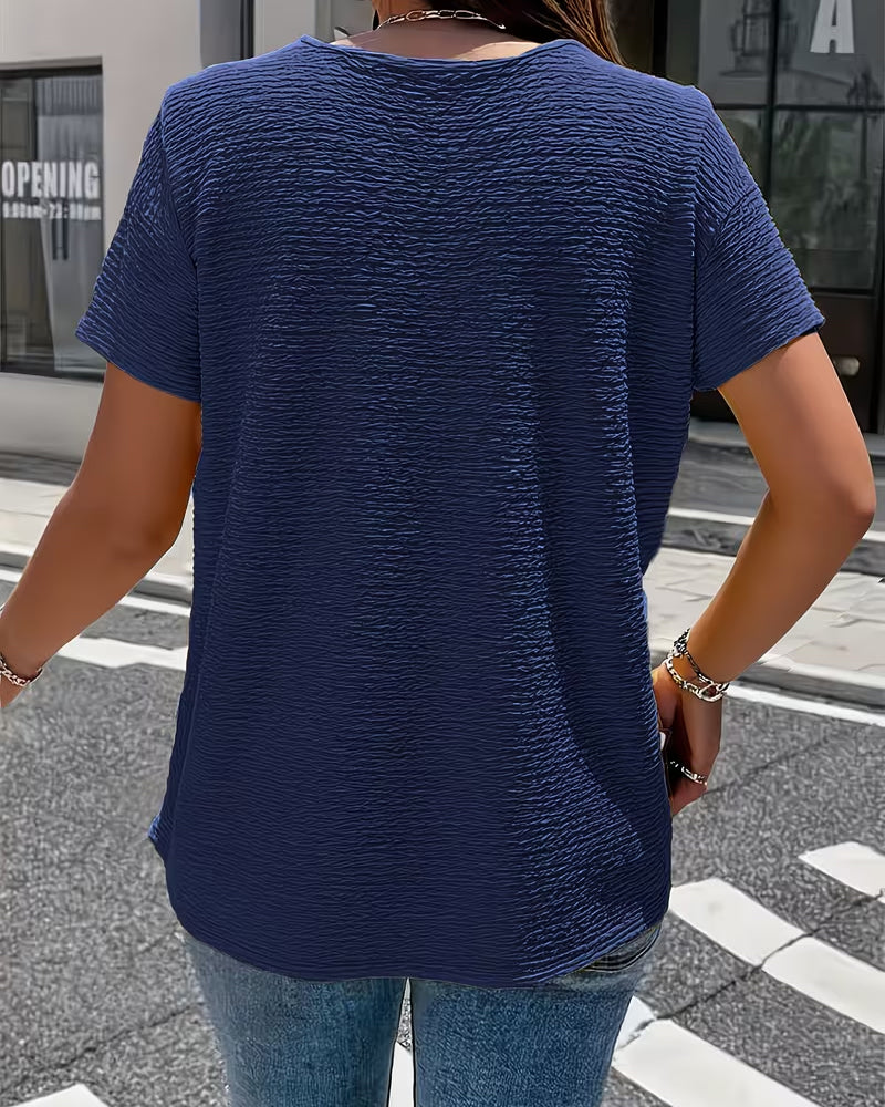 Bluse Damen | Strukturiertes Kurzarm-Top mit Goldknöpfen & Kragen