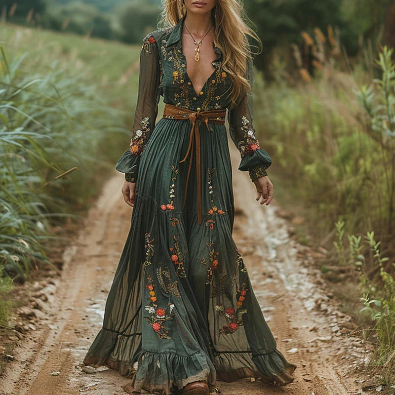 Böhmisches Blumen-Maxikleid für Frauen – Elegantes Sommerkleid mit Plissee-Design