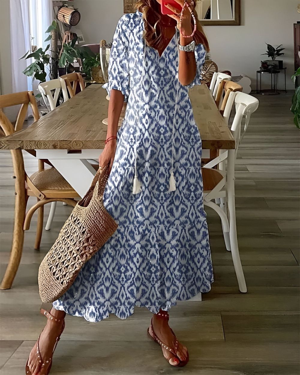 Boho Maxi Kleid Frauen - Elegantes Sommermaxikleid mit Fließender Passform und Verspielten Mustern