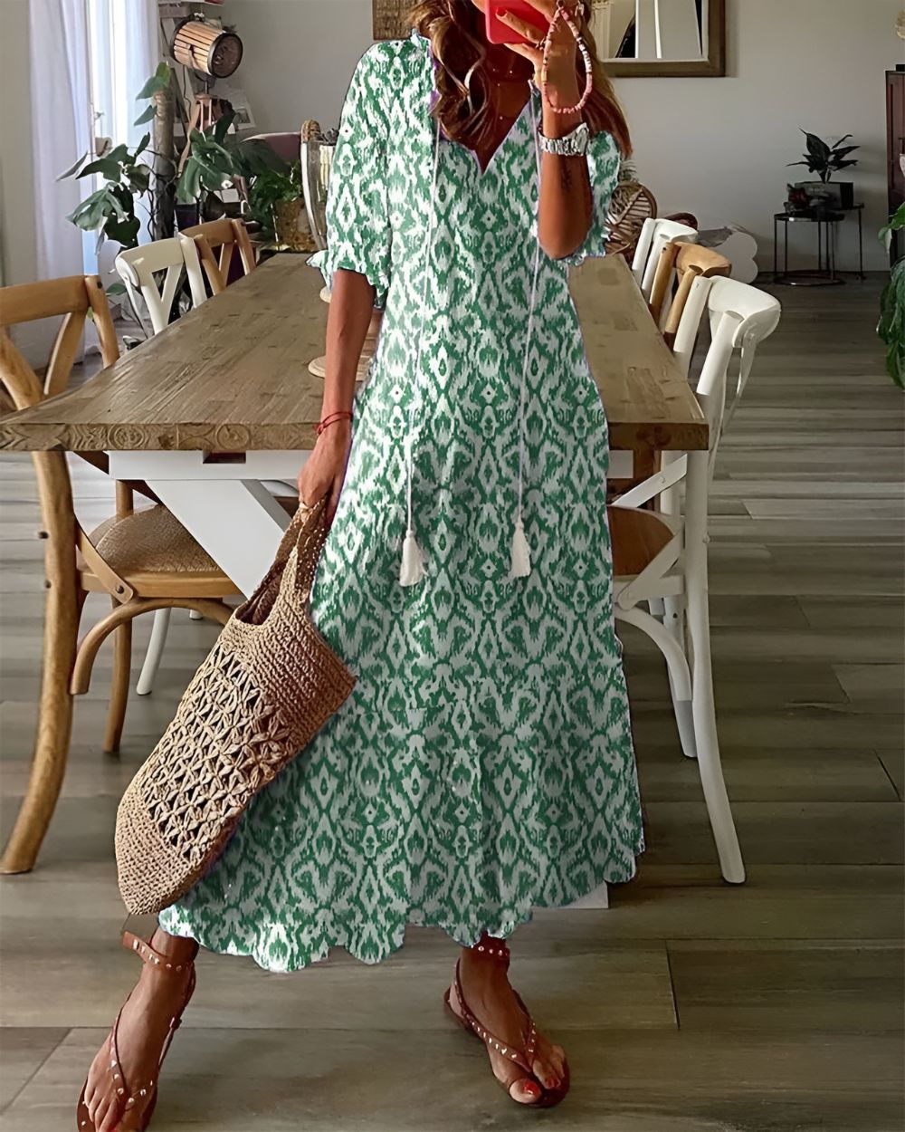 Boho Maxi Kleid Frauen - Elegantes Sommermaxikleid mit Fließender Passform und Verspielten Mustern