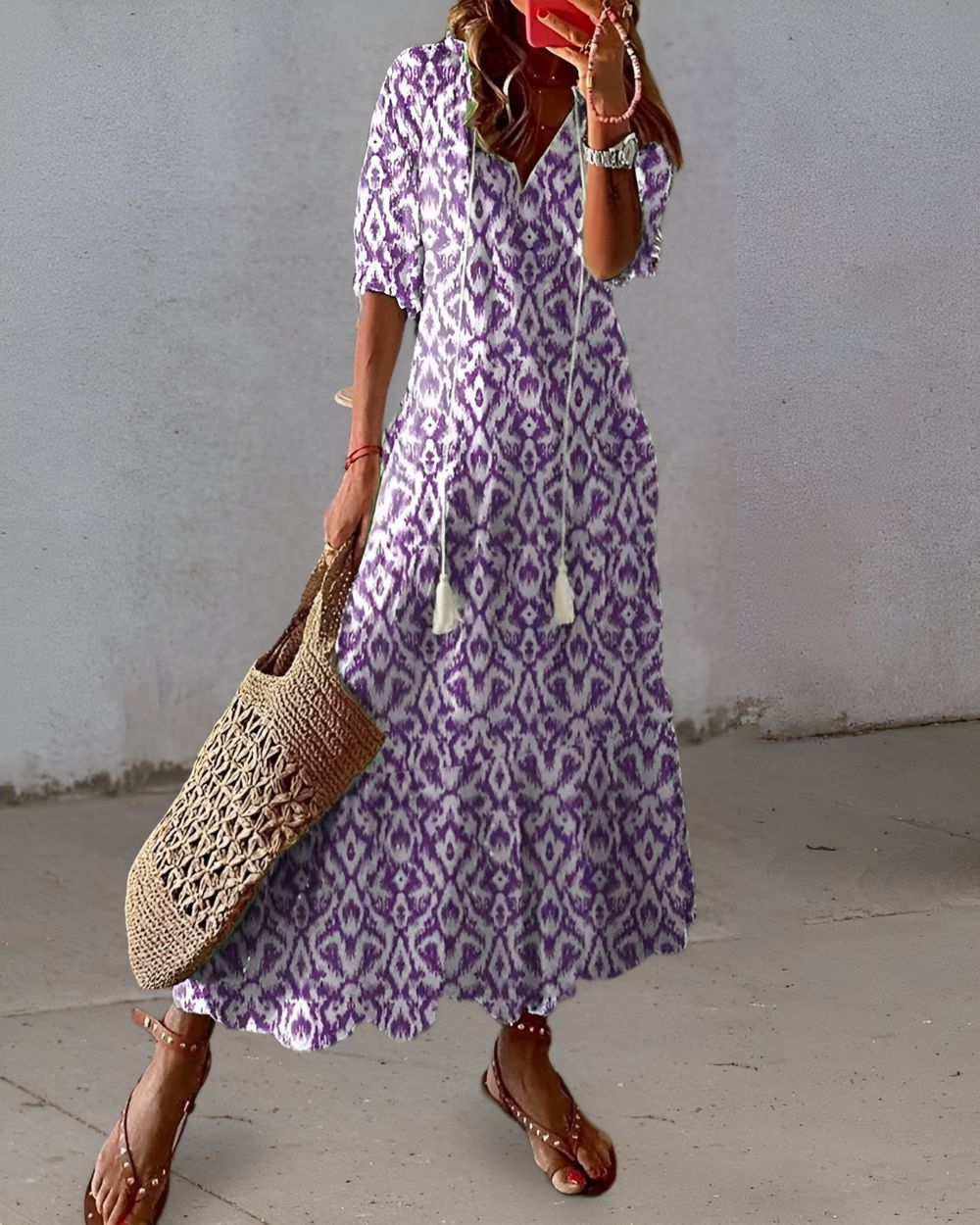 Boho Maxi Kleid Frauen - Elegantes Sommermaxikleid mit Fließender Passform und Verspielten Mustern