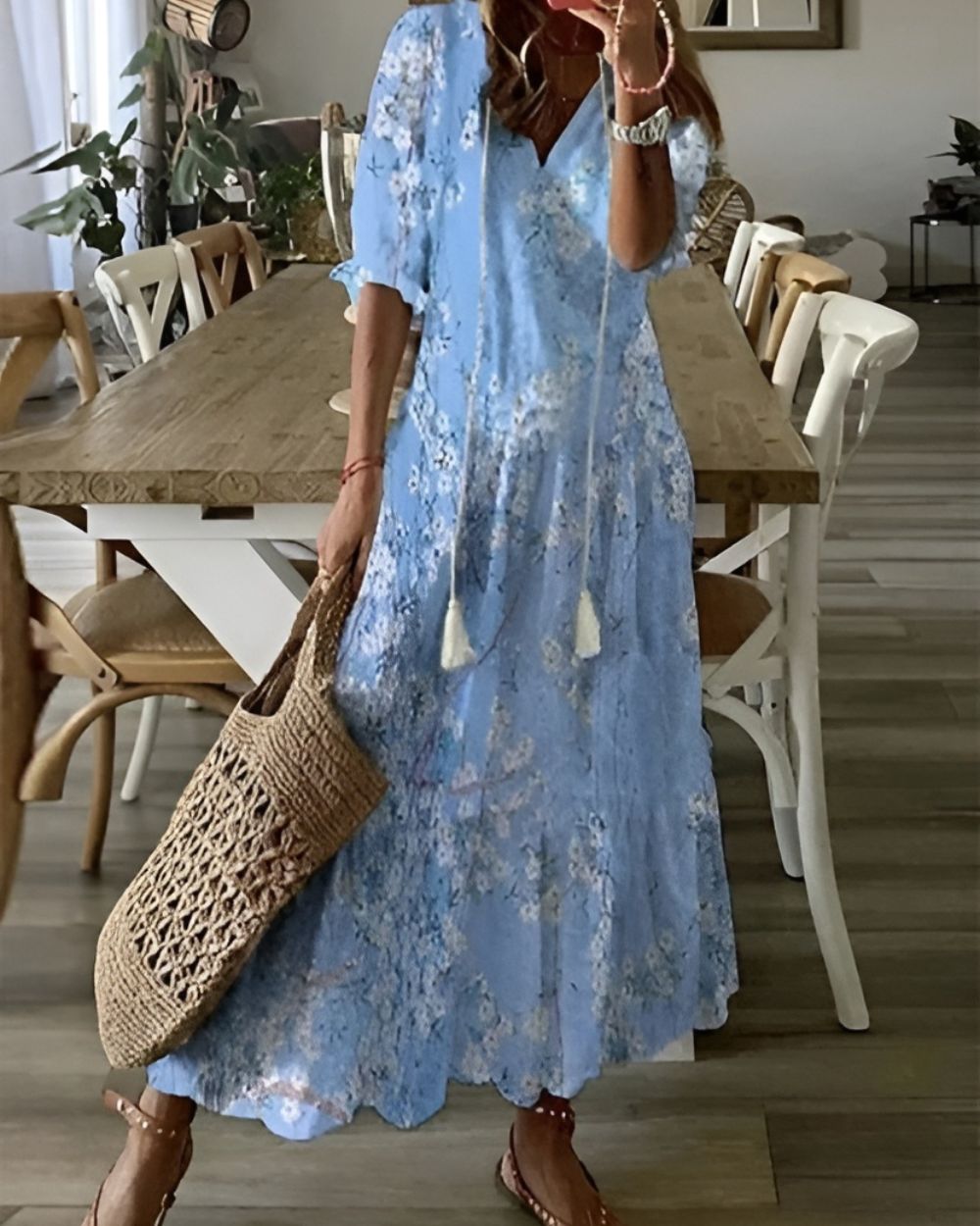 Boho Maxi Kleid Frauen - Elegantes Sommermaxikleid mit Fließender Passform und Verspielten Mustern