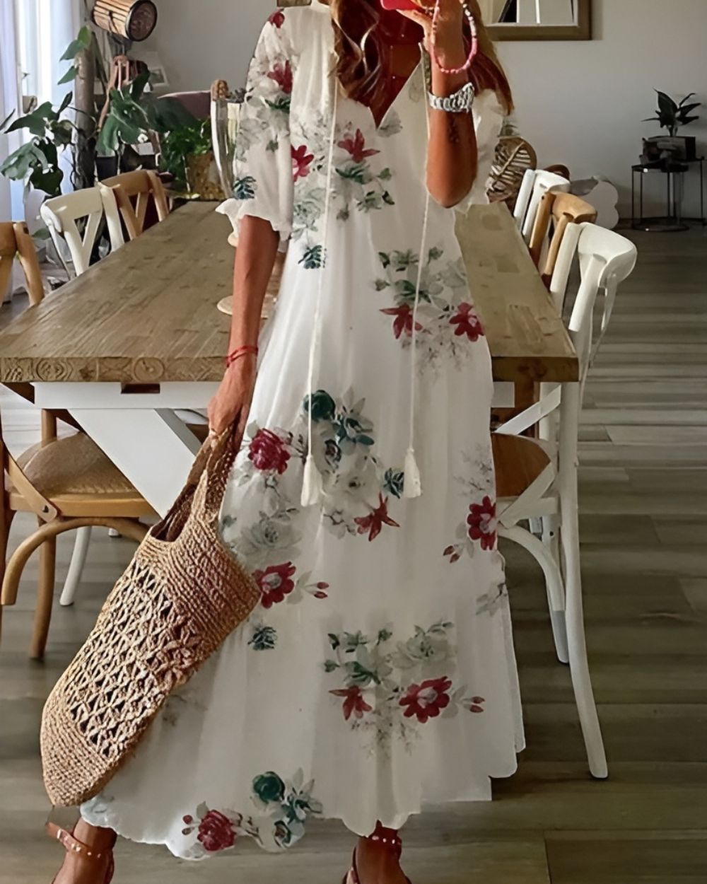 Boho Maxi Kleid Frauen - Elegantes Sommermaxikleid mit Fließender Passform und Verspielten Mustern