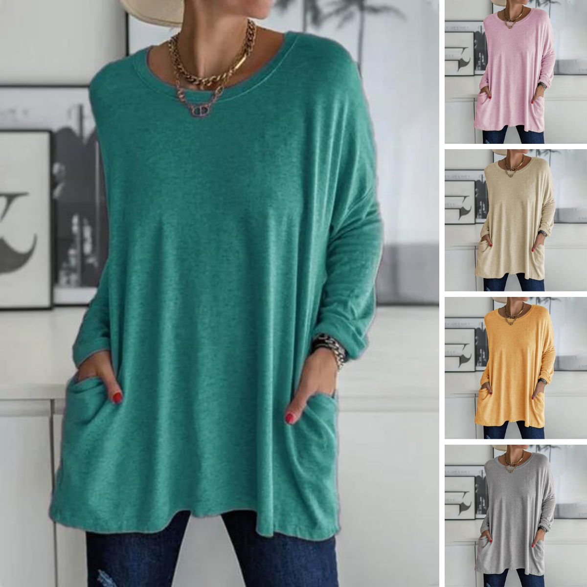 Mia | Damen Longshirt Oversized mit Taschen Langarm