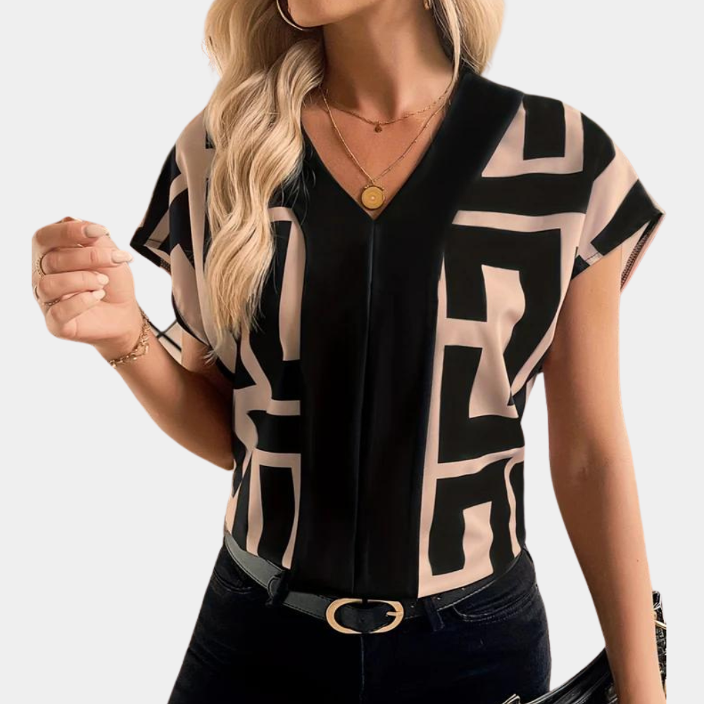 Nadia | Damen Bluse Kurzarm Geometrischer Druck V-Ausschnitt