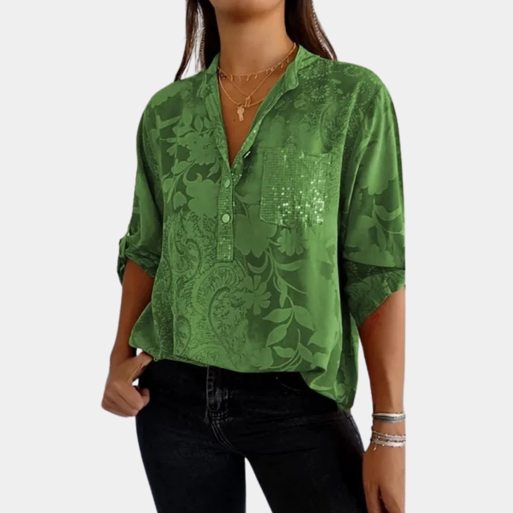 Damen Gemusterte Halblange V-Ausschnitt Bluse