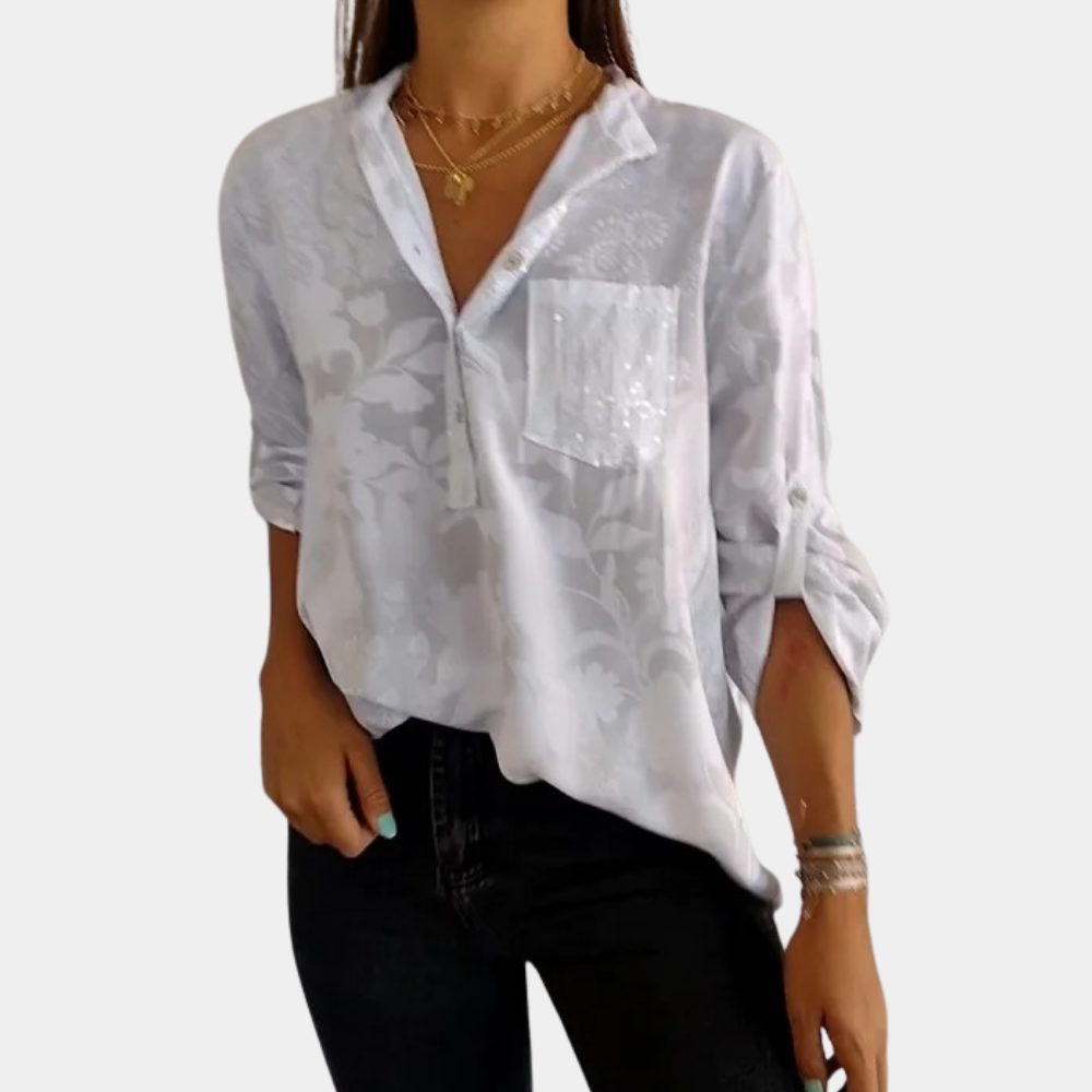 Damen Gemusterte Halblange V-Ausschnitt Bluse