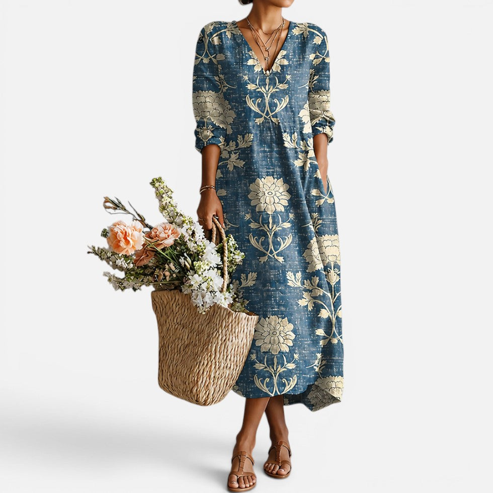 Damen Maxikleid mit Blumenmuster und V Ausschnitt