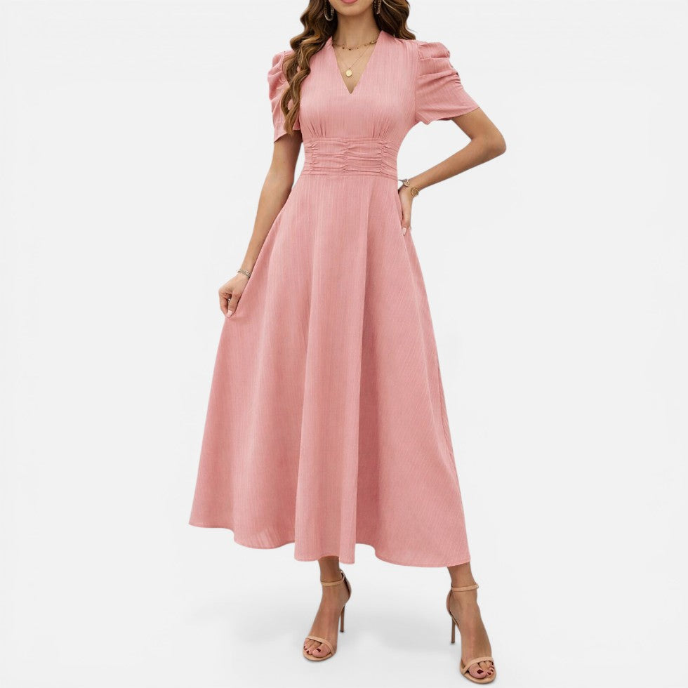 Elena | Damen Elegantes Midikleid V-Ausschnitt – Tailliertes Kleid Büro & Hochzeit 2026
