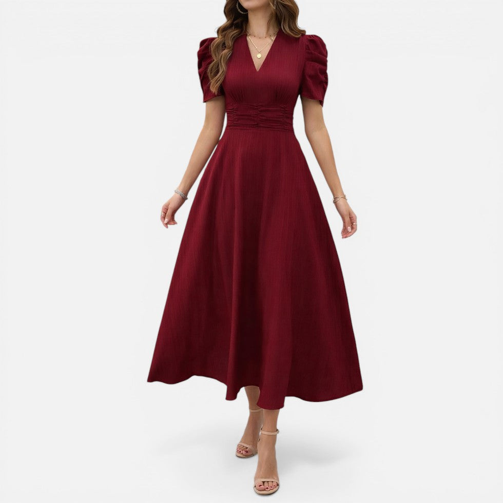 Elena | Damen Elegantes Midikleid V-Ausschnitt – Tailliertes Kleid Büro & Hochzeit 2026