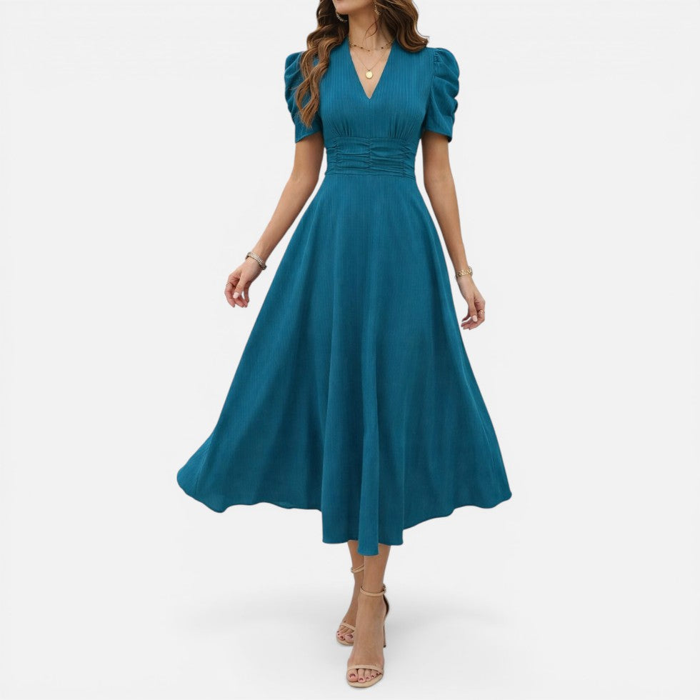 Elena | Damen Elegantes Midikleid V-Ausschnitt – Tailliertes Kleid Büro & Hochzeit 2026