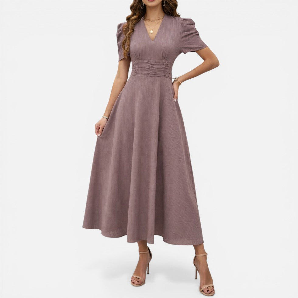 Elena | Damen Elegantes Midikleid V-Ausschnitt – Tailliertes Kleid Büro & Hochzeit 2026