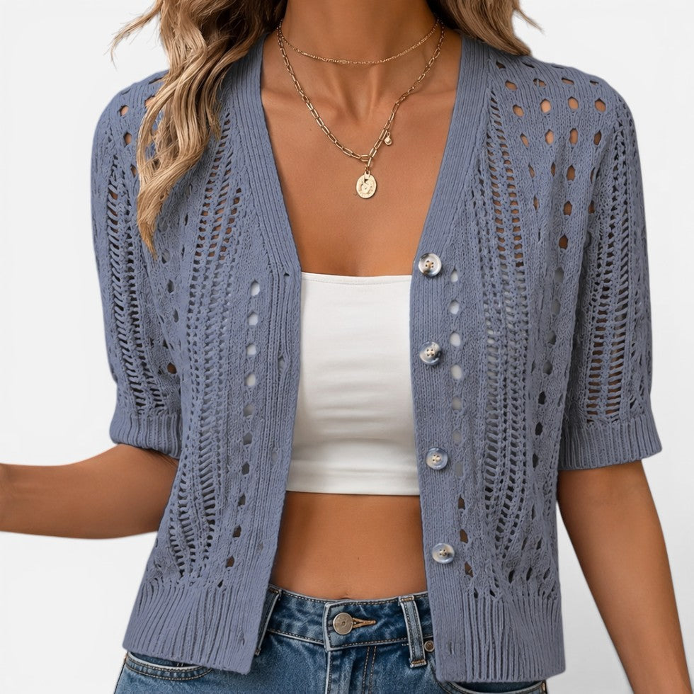 Strickjacke Lochmuster V Ausschnitt Kurzarm Knopfleiste