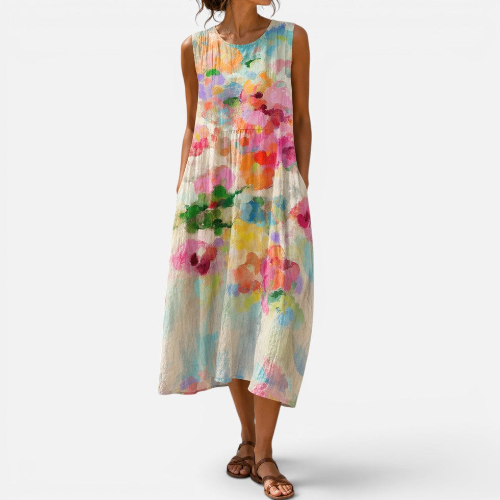Midikleid Ärmellos Geblümt Rundhalsausschnitt