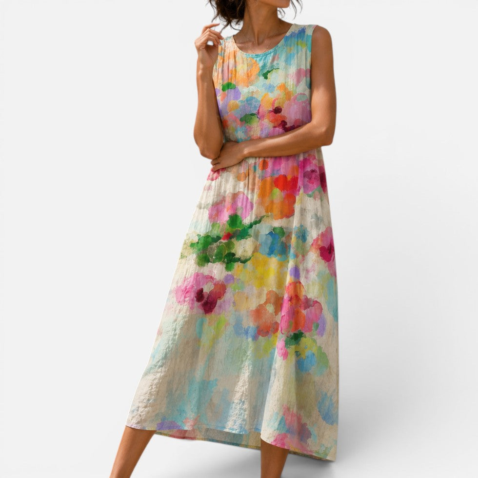 Midikleid Ärmellos Geblümt Rundhalsausschnitt