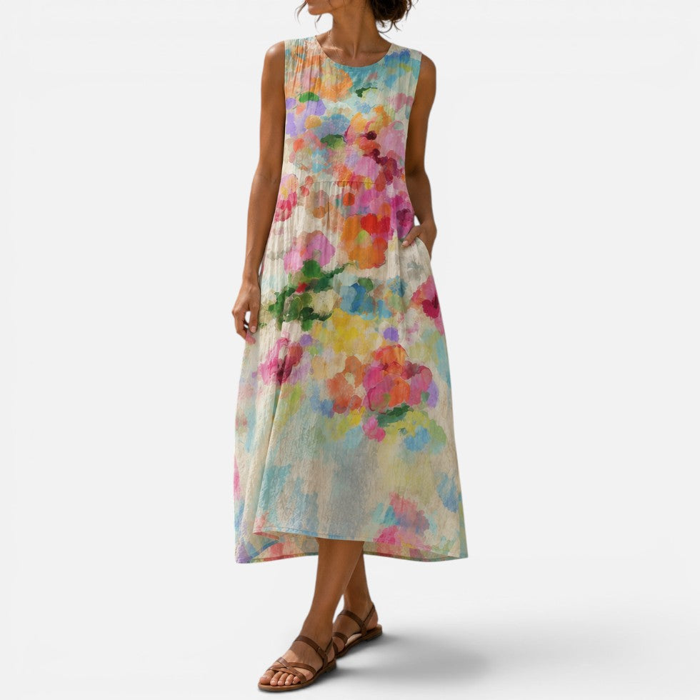 Midikleid Ärmellos Geblümt Rundhalsausschnitt
