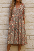 Damen V Ausschnitt Sommer Blumenmuster Midikleid