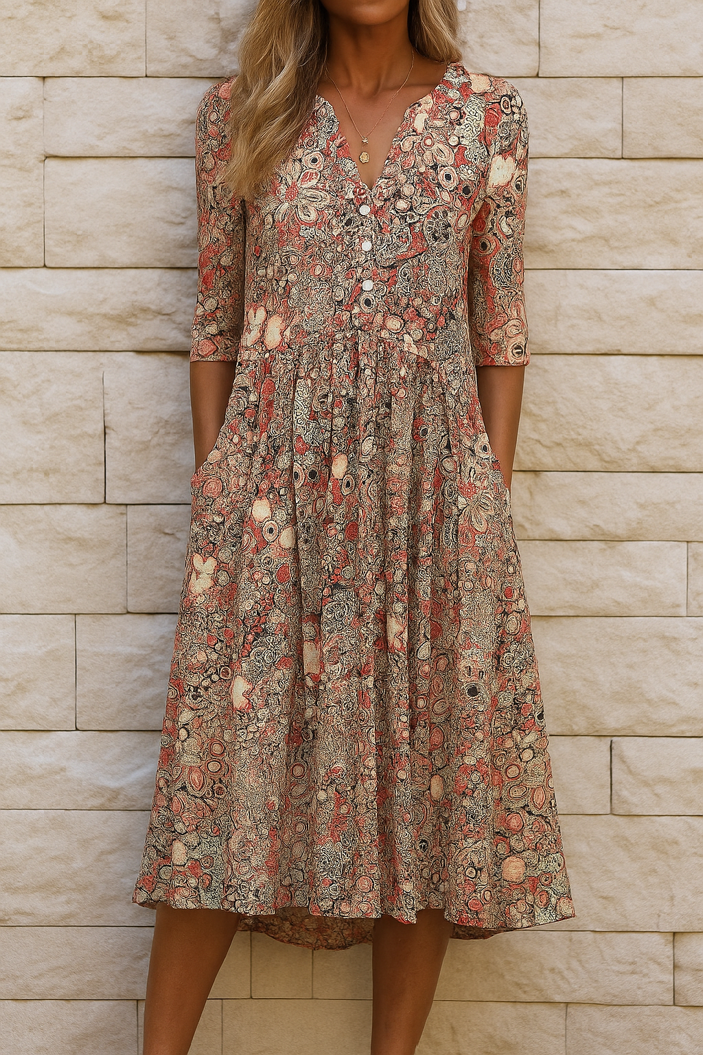 Damen V Ausschnitt Sommer Blumenmuster Midikleid
