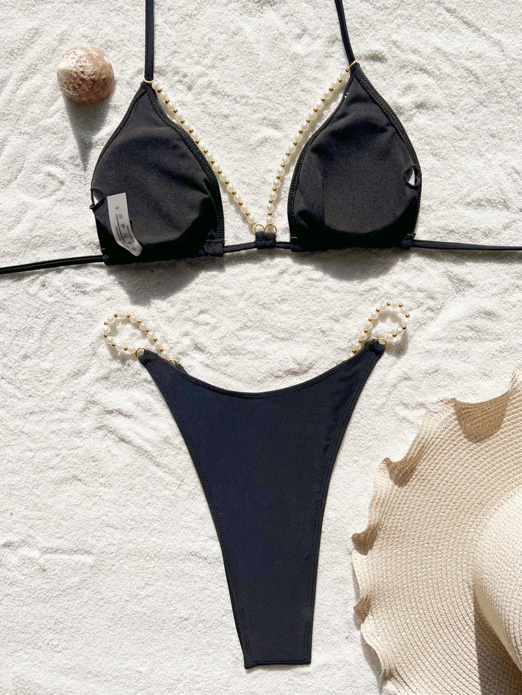 Damen Triangel-Bikini Set | Perlenketten-Träger & Gold-Ring-Detail | Glamourös
