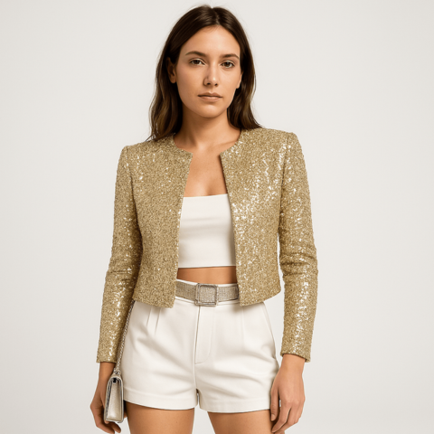 Damen Abendjacke Festlich Pailletten Strukturierter Blazer