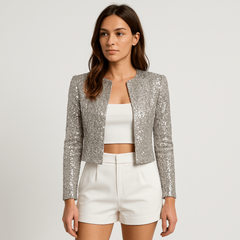 Damen Abendjacke Festlich Pailletten Strukturierter Blazer