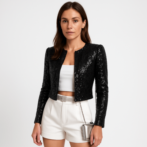 Damen Abendjacke Festlich Pailletten Strukturierter Blazer