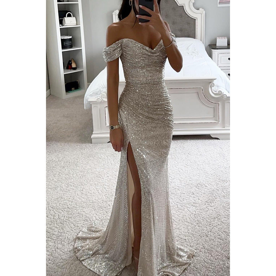 Damen Schulterfrei Hochzeitsgast Maxikleid