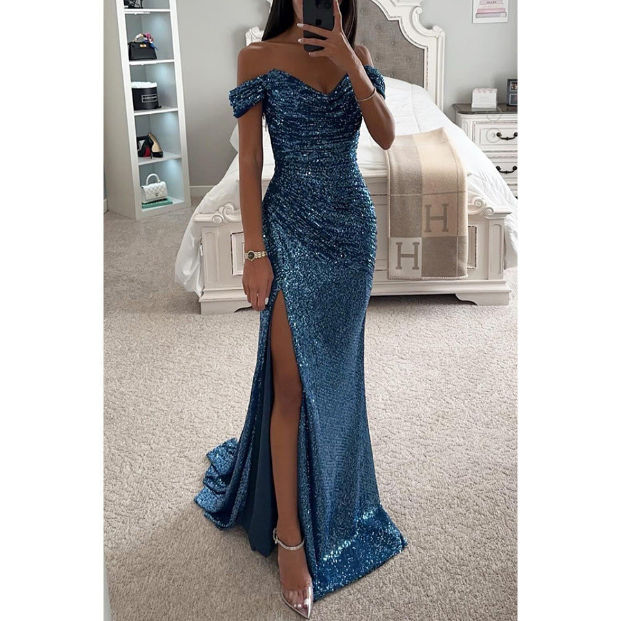 Damen Schulterfrei Hochzeitsgast Maxikleid