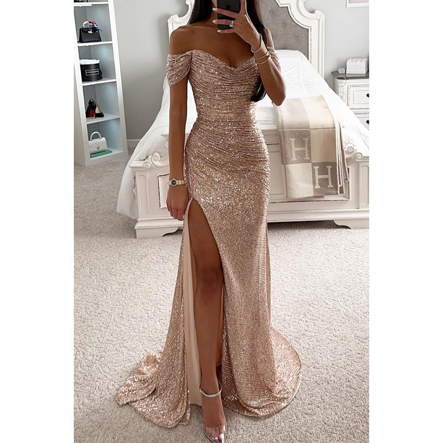 Damen Schulterfrei Hochzeitsgast Maxikleid