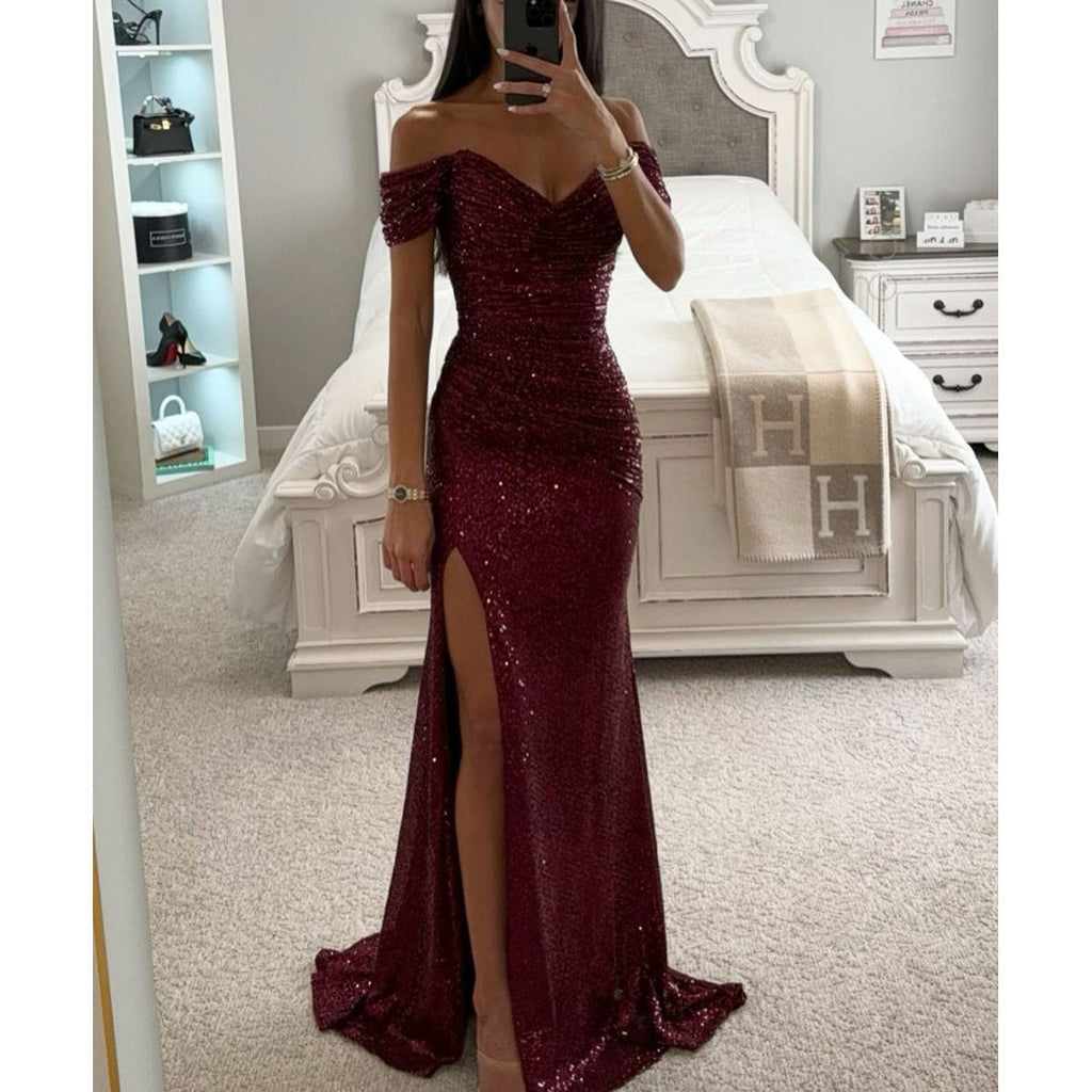 Damen Schulterfrei Hochzeitsgast Maxikleid