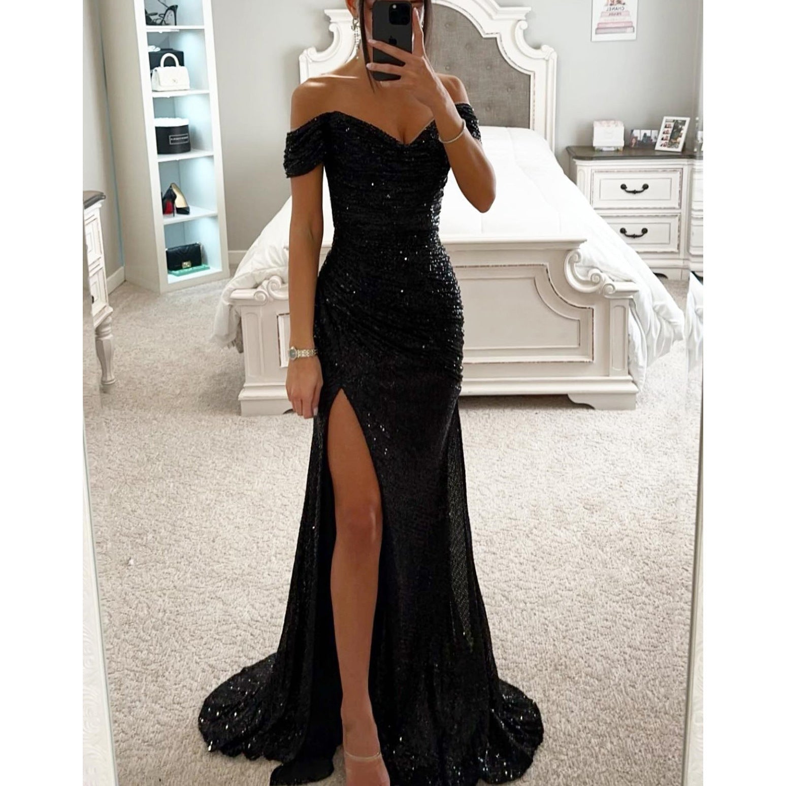 Damen Schulterfrei Hochzeitsgast Maxikleid