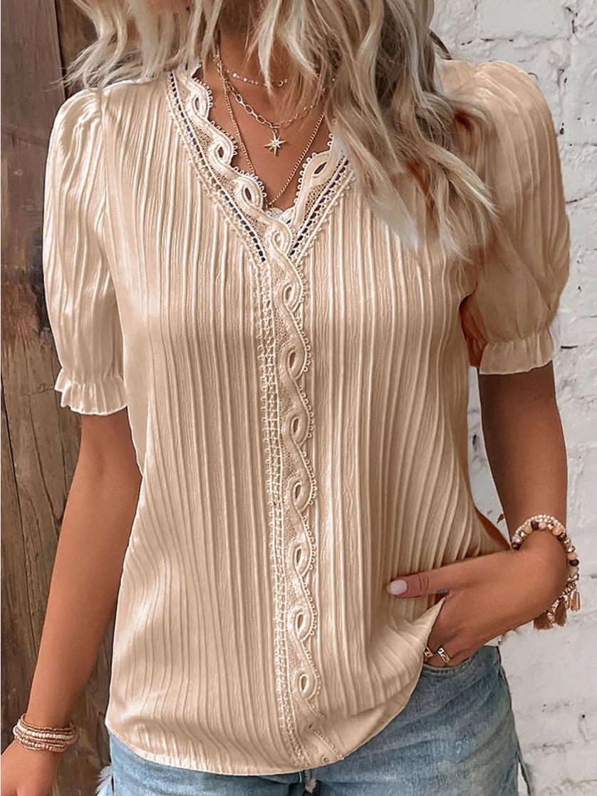 Damen Kurzarm V-ausschnitt Bluse mit Spitze