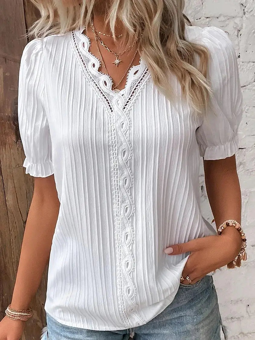 Damen Kurzarm V-ausschnitt Bluse mit Spitze