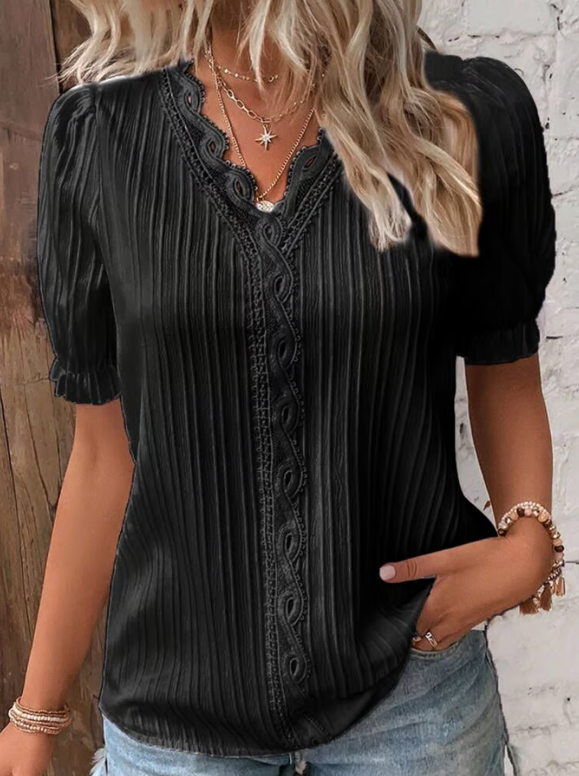 Damen Kurzarm V-ausschnitt Bluse mit Spitze