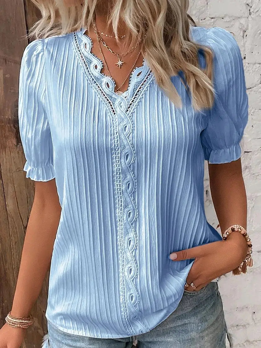 Damen Kurzarm V-ausschnitt Bluse mit Spitze
