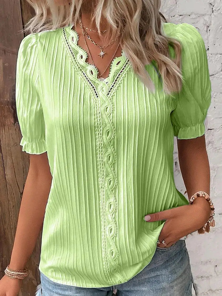 Damen Kurzarm V-ausschnitt Bluse mit Spitze