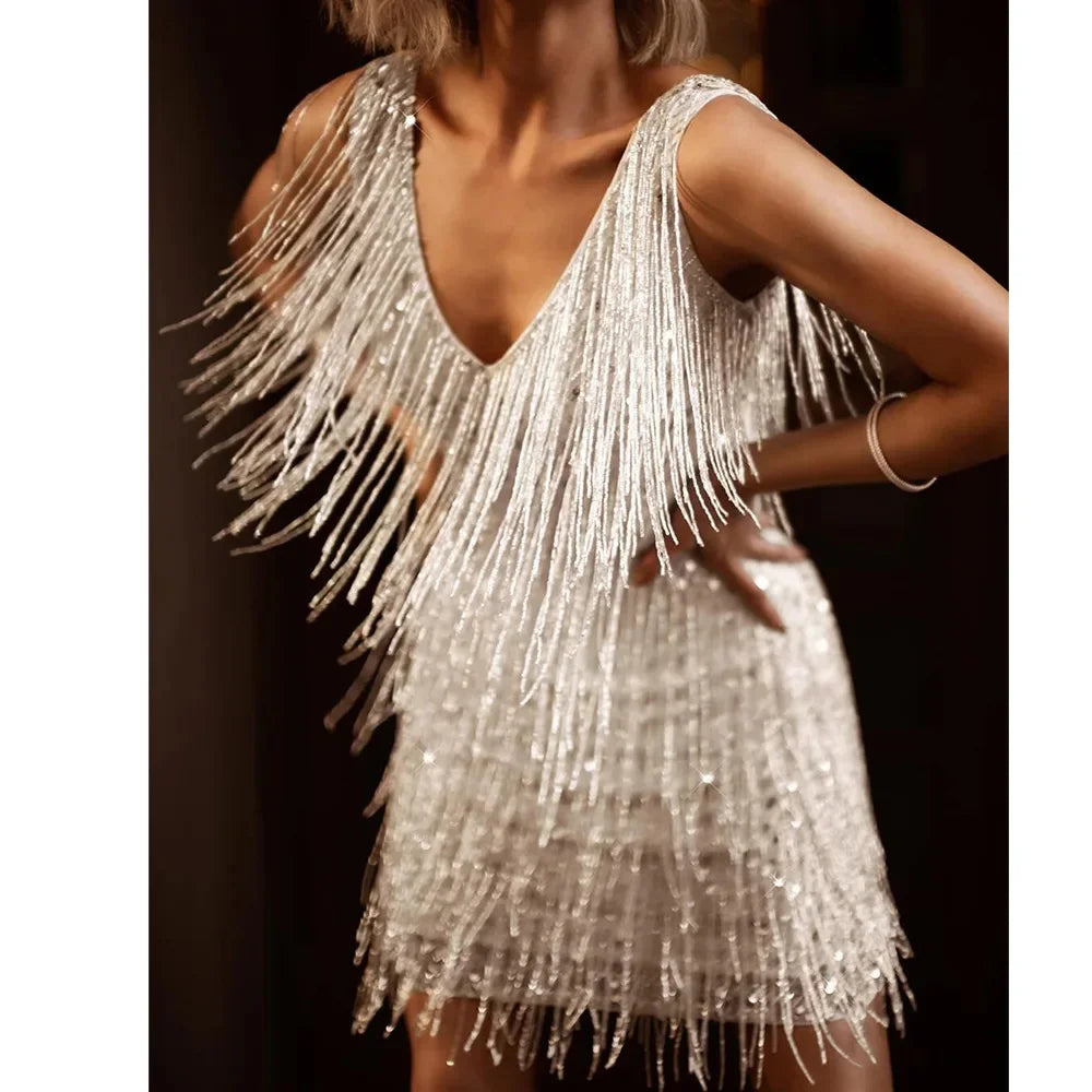 Damen Cocktailkleid A-Linie Festlich Fransen Pailletten