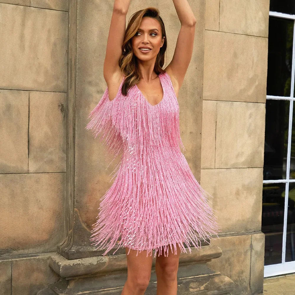 Damen Cocktailkleid A-Linie Festlich Fransen Pailletten