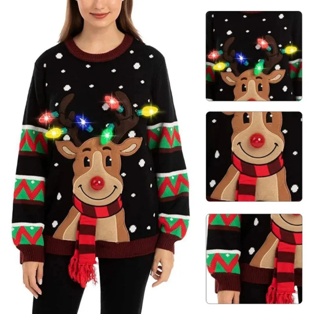 Damen Festlicher Weihnachtspullover mit LED-Lichtern Strick Warm