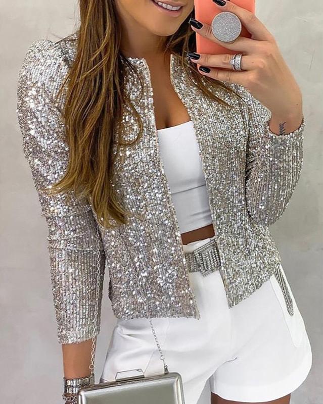 Damen Funkelnder Partyblazer Offenes Design Pailletten