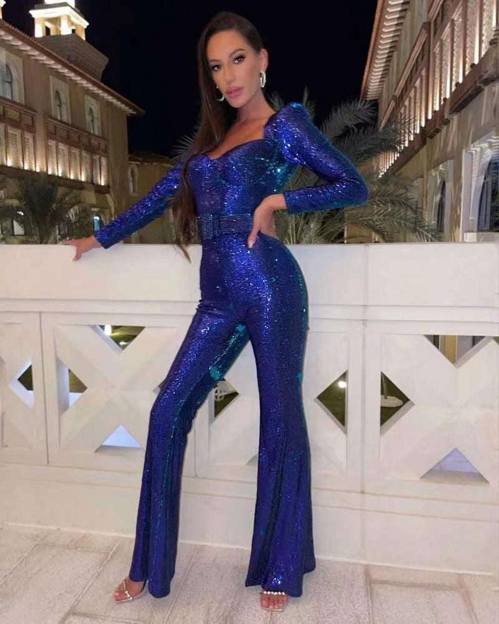 Damen Glitzernder Abendjumpsuit Mit Gürtel Eleganter Look