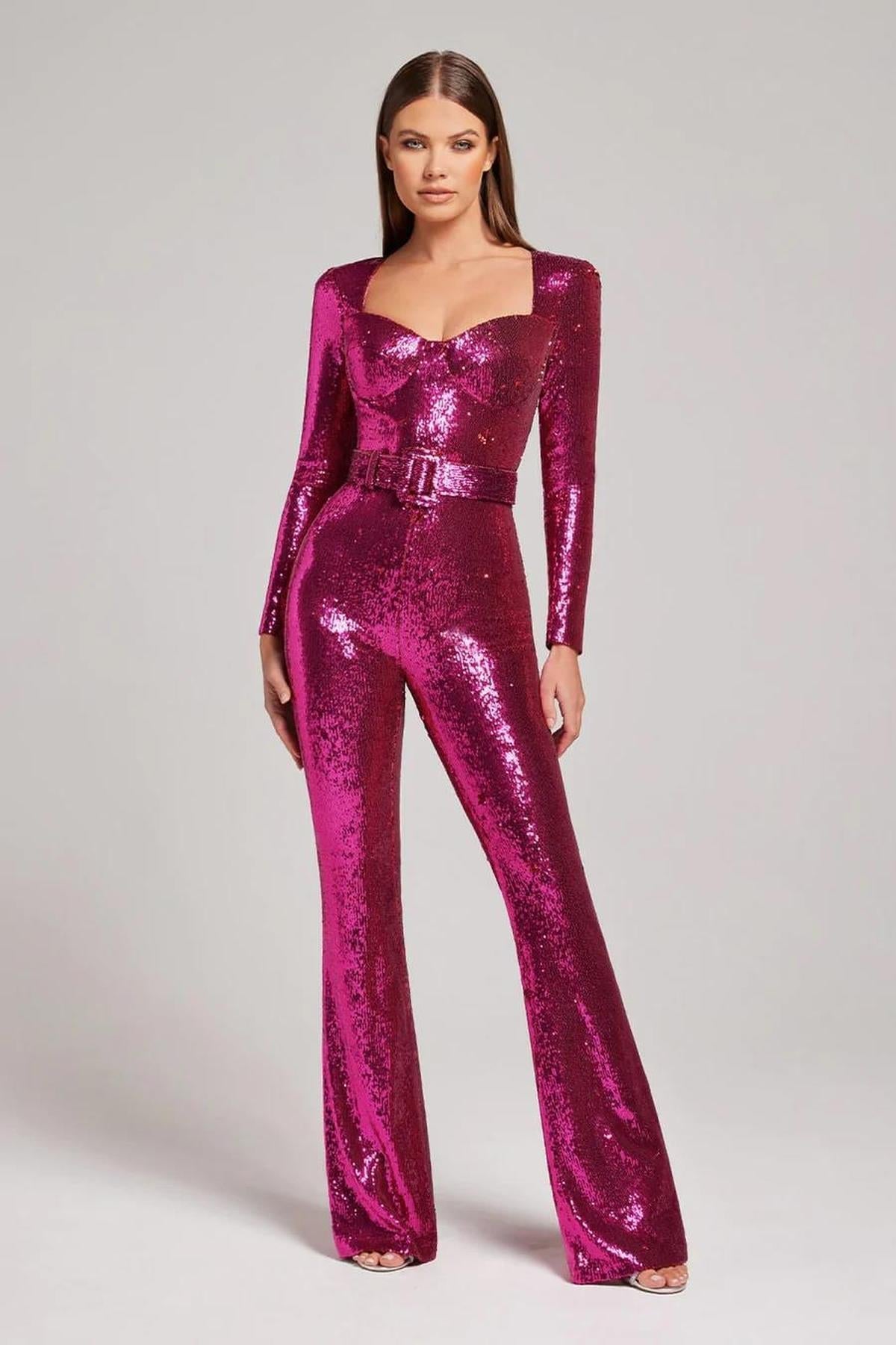 Damen Glitzernder Abendjumpsuit Mit Gürtel Eleganter Look
