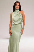 Damen Neckholder Satin Midikleid