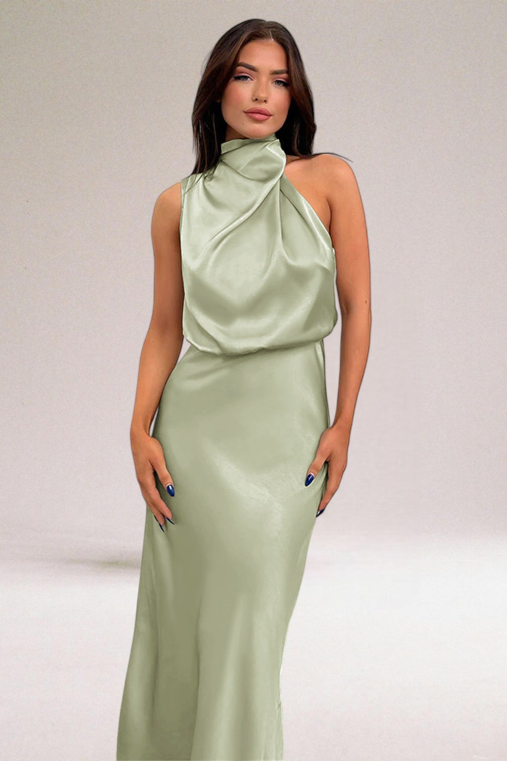 Damen Neckholder Satin Midikleid