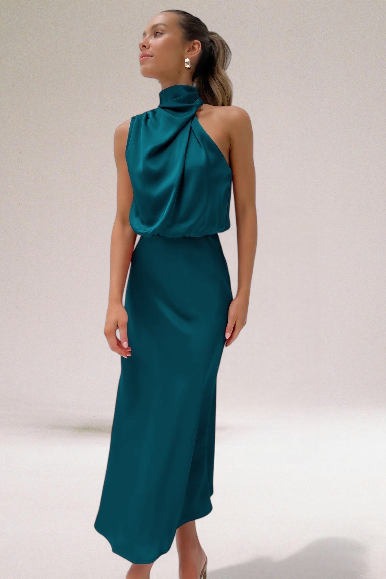 Damen Neckholder Satin Midikleid