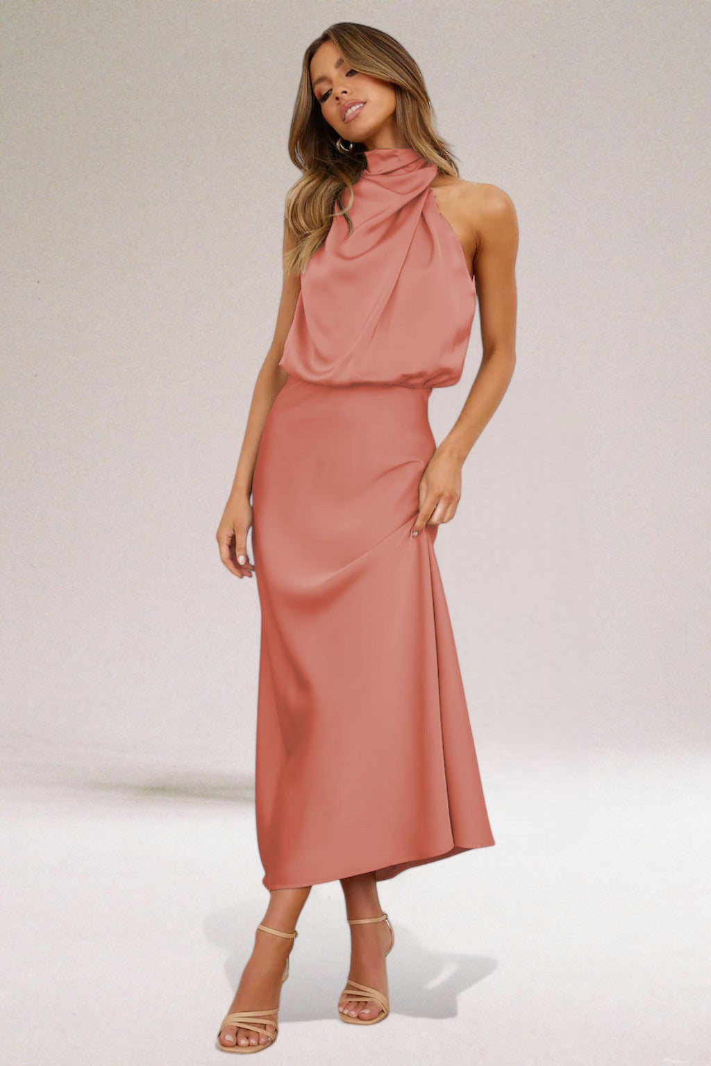 Damen Neckholder Satin Midikleid