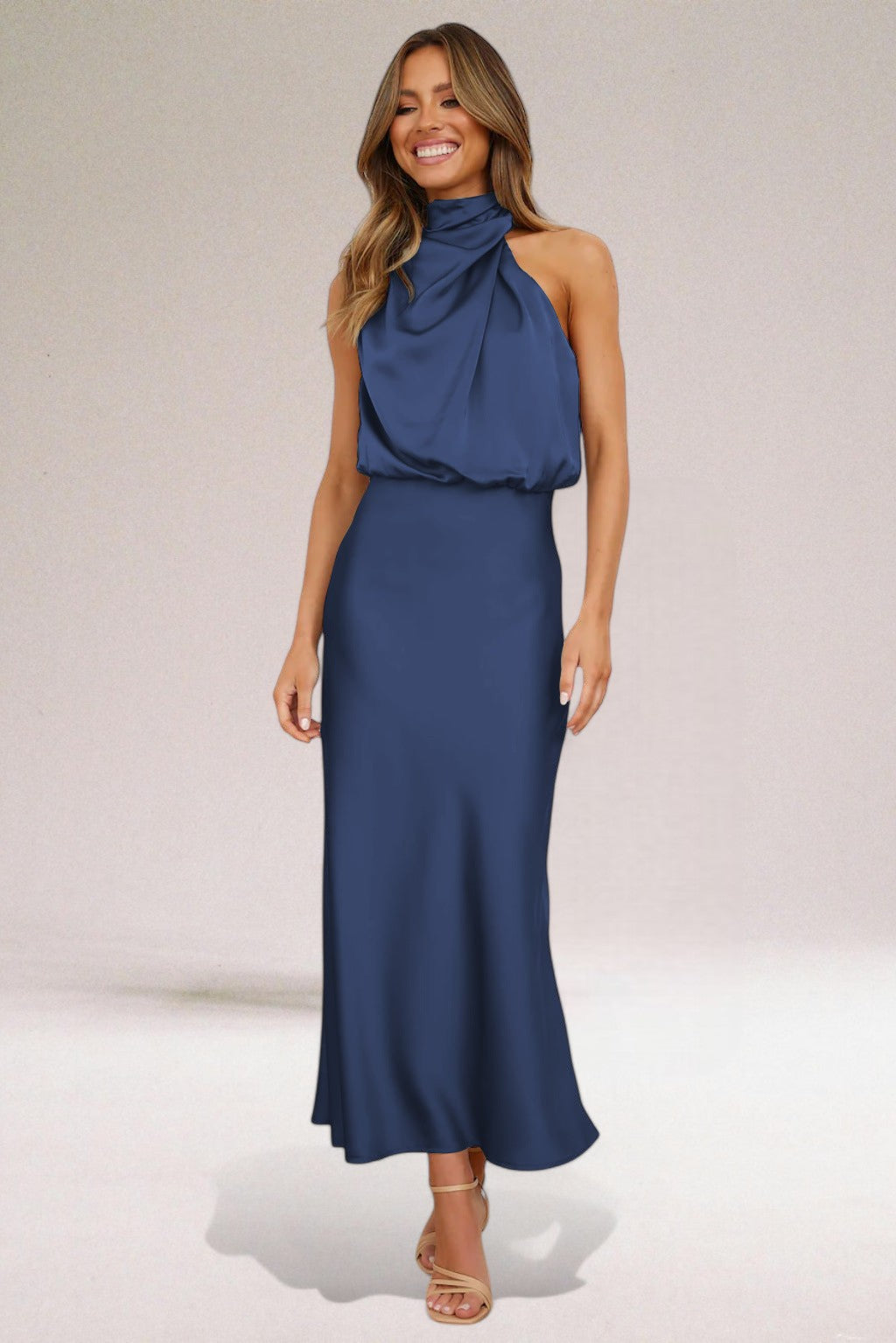 Damen Neckholder Satin Midikleid