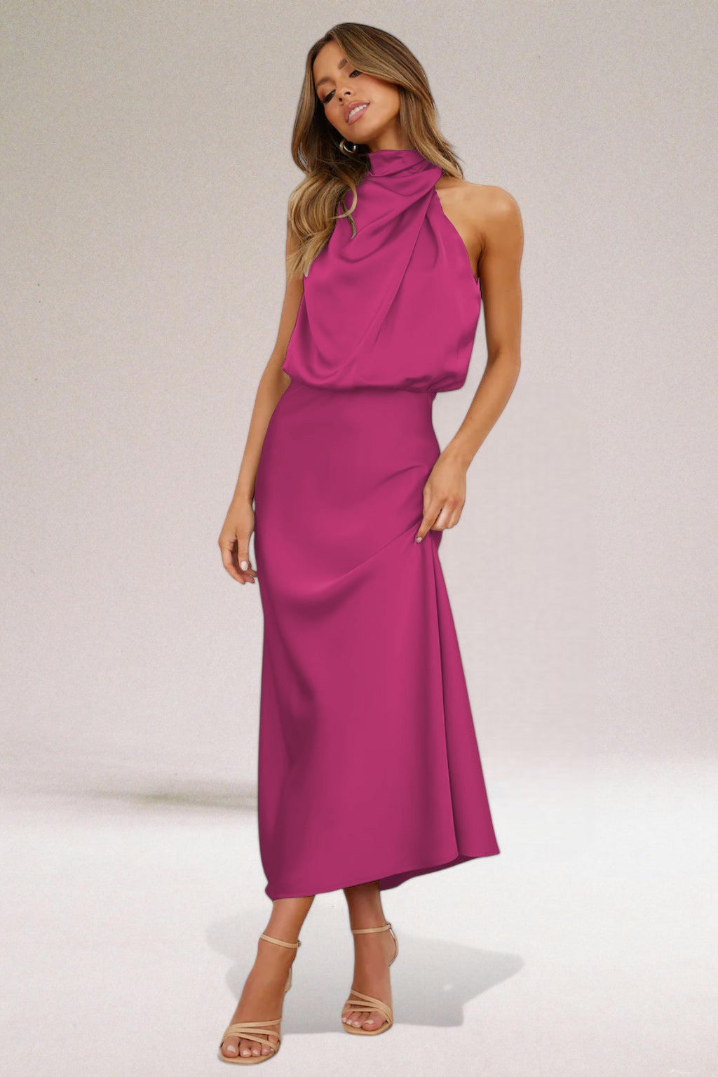 Damen Neckholder Satin Midikleid