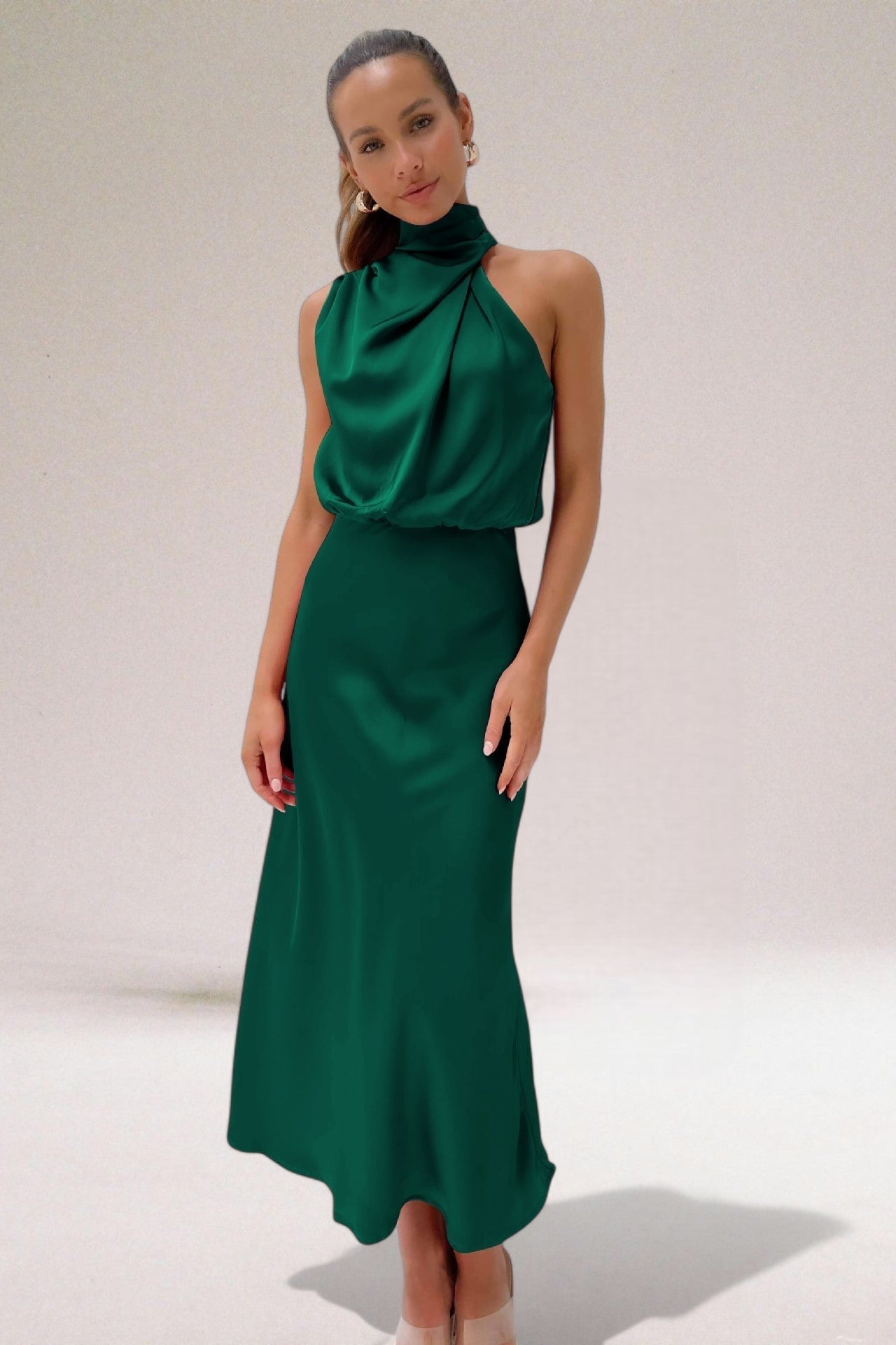 Damen Neckholder Satin Midikleid